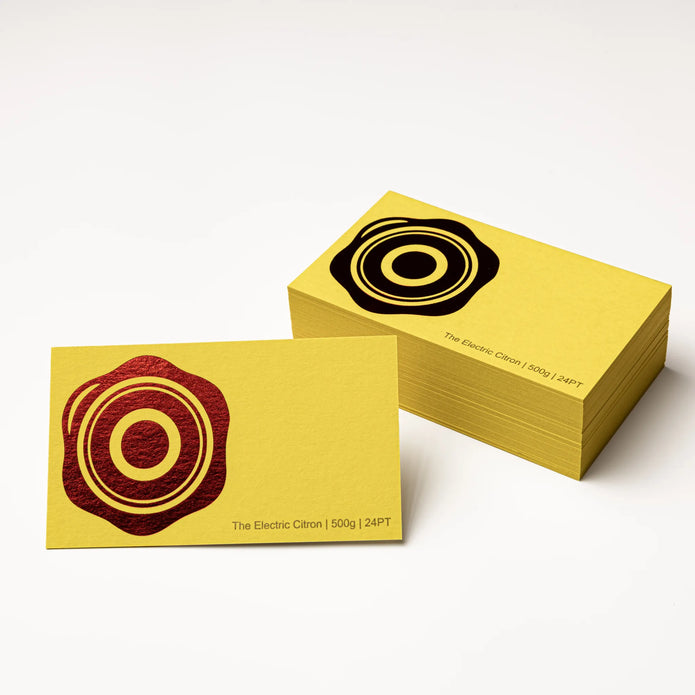 OTTORON BC16 The Electric Citron 500g Luxury Business Card, featuring Foil Stamping, Gold Ink Print, Silver Ink Print, front perspective view.