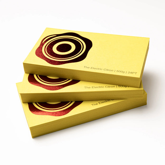 Stack of OTTORON BC16 premium 500g corporate business cards showcasing Foil Stamping, Gold Ink Print, Silver Ink Print.