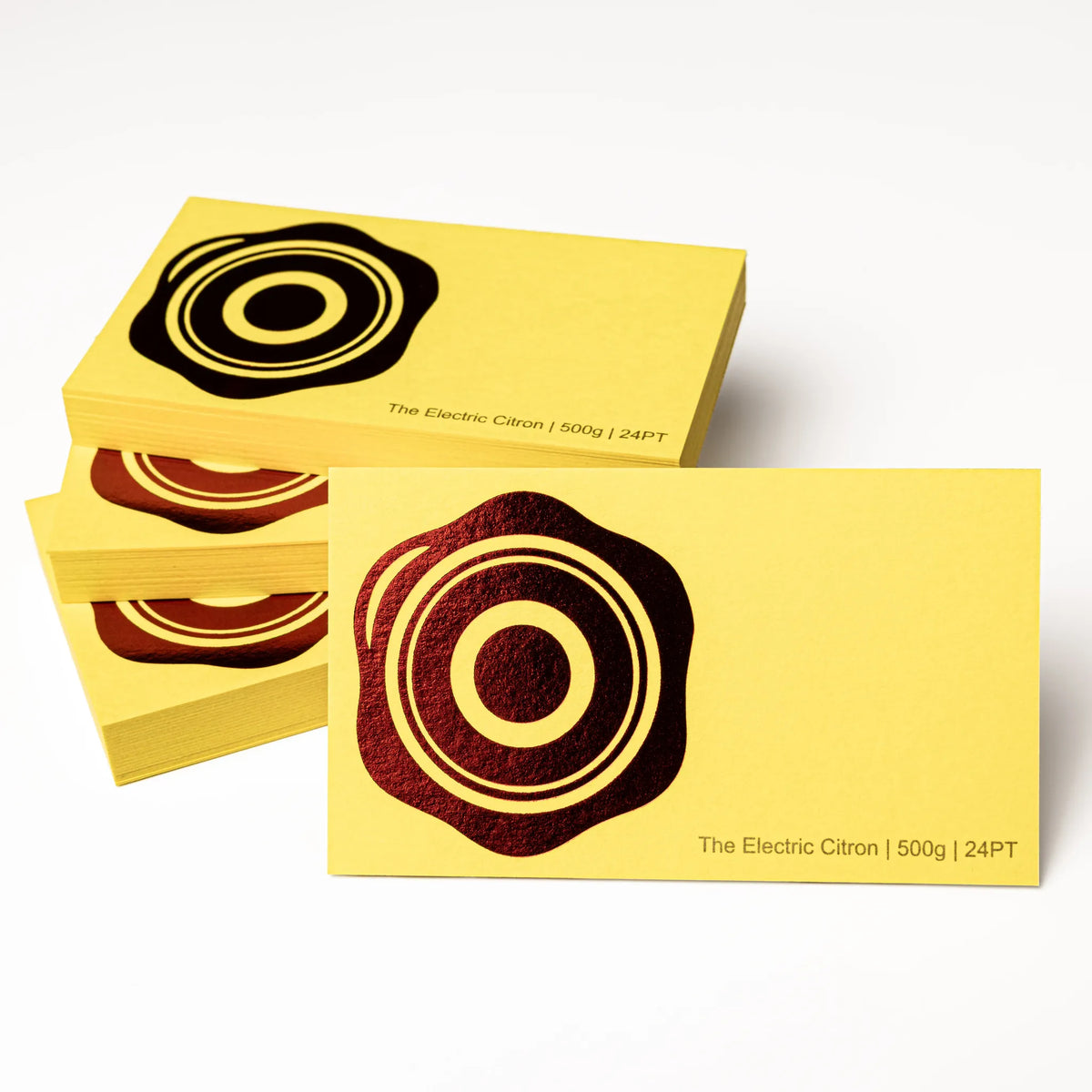 Close-up detail of The Electric Citron texture on OTTORON BC16 bespoke business card highlighting Foil Stamping.