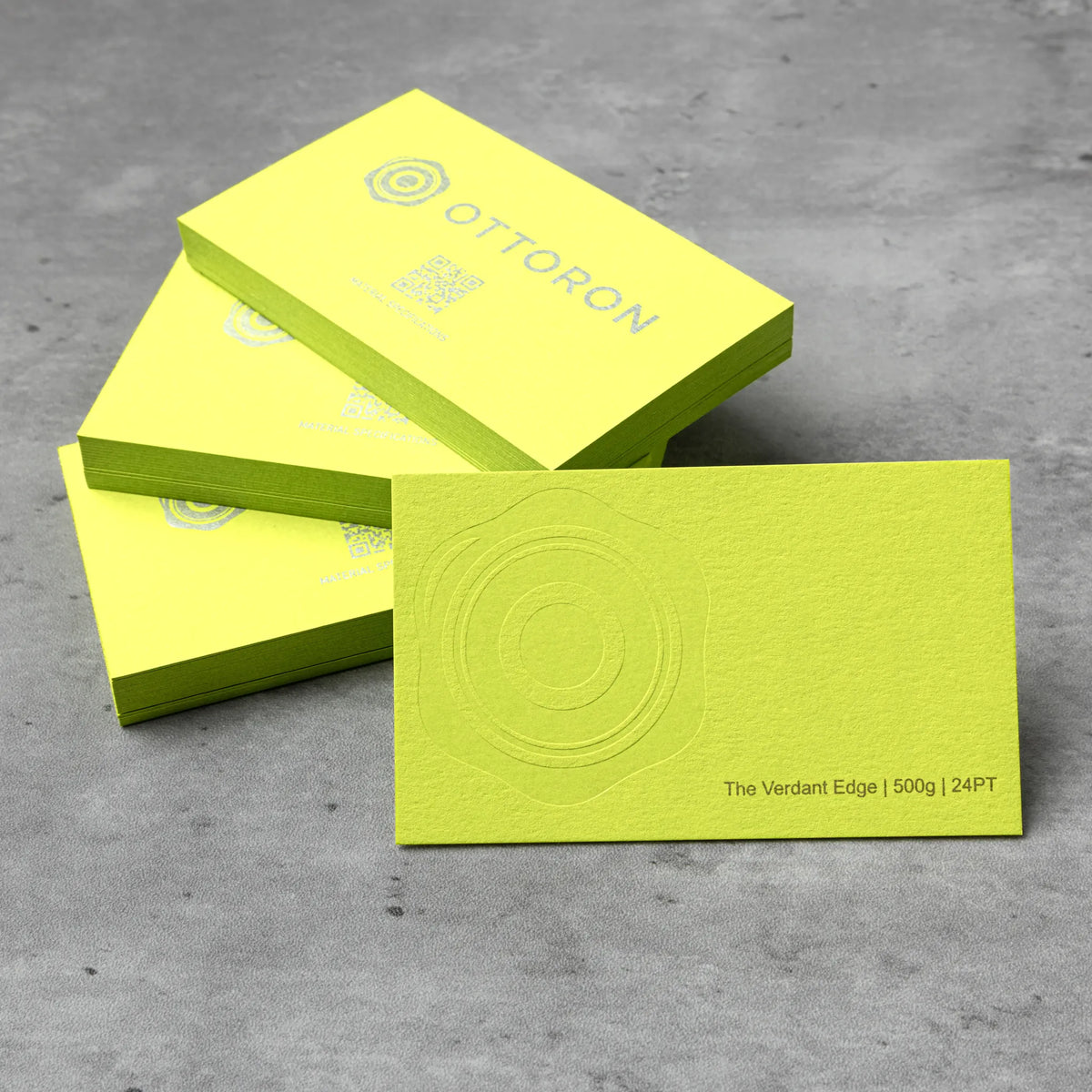 Close-up detail of The Verdant Edge texture on OTTORON BC17 bespoke business card highlighting Blind Deboss.