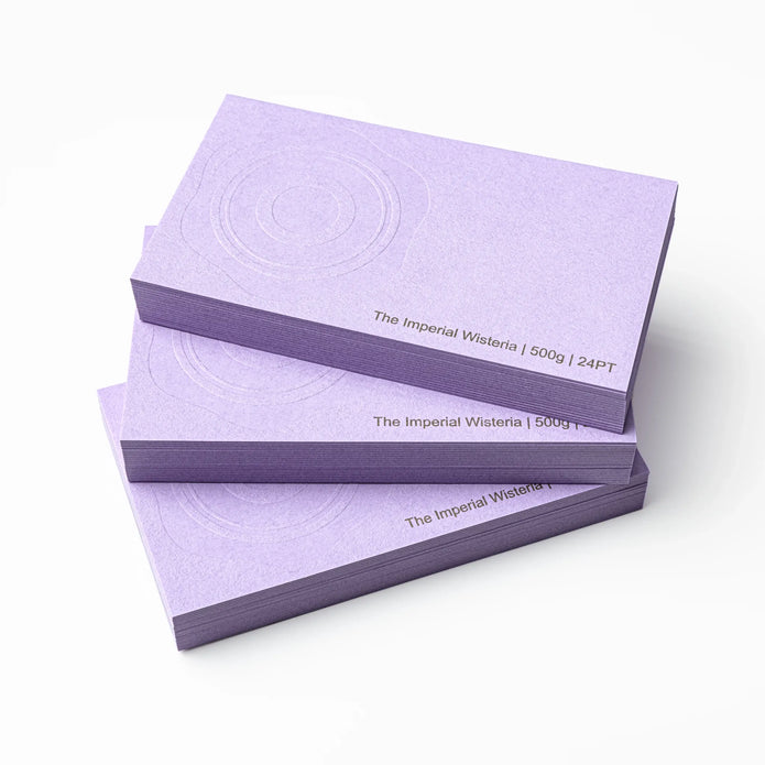 OTTORON BC18 The Imperial Wisteria 500g Luxury Business Card, featuring Blind Deboss, Gold Ink Print, Silver Ink Print, front perspective view.