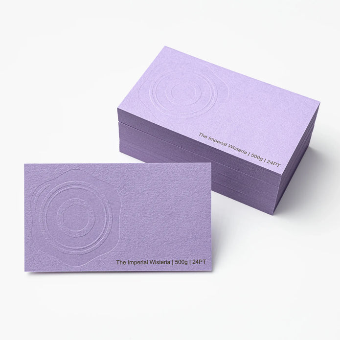 Close-up detail of The Imperial Wisteria texture on OTTORON BC18 bespoke business card highlighting Blind Deboss.