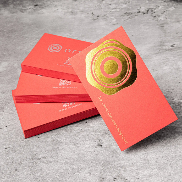OTTORON BC19 The Crimson Command 500g Luxury Business Card, featuring Blind Emboss, front perspective view.