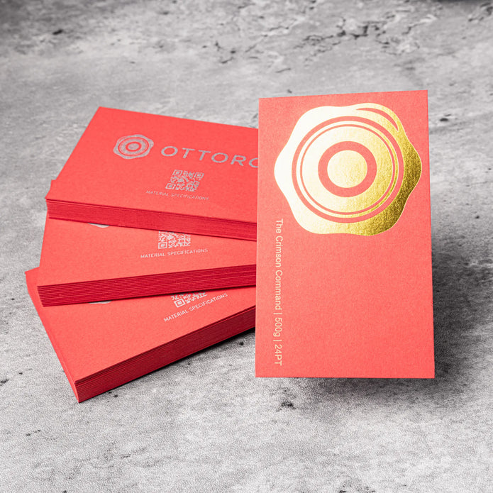 Close-up detail of The Crimson Command texture on OTTORON BC19 bespoke business card highlighting Blind Emboss.