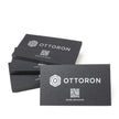 Stack of OTTORON BC20 premium 500g corporate business cards showcasing Gold Ink Print, Silver Ink Print, Blind Deboss.