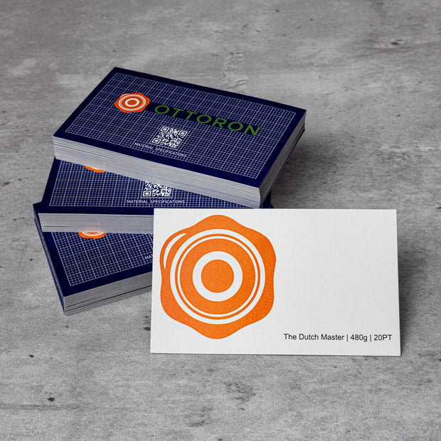 Stack of OTTORON BC21 premium 480g corporate business cards showcasing Color Deboss.