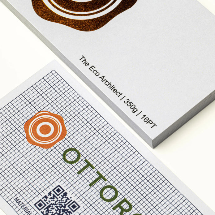 Macro photography of Foil Stamping applied on OTTORON BC22 The Eco Architect custom stationery.