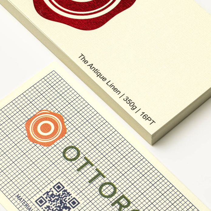 Professional executive desk setting featuring the OTTORON BC24 bespoke The Antique Linen business card.