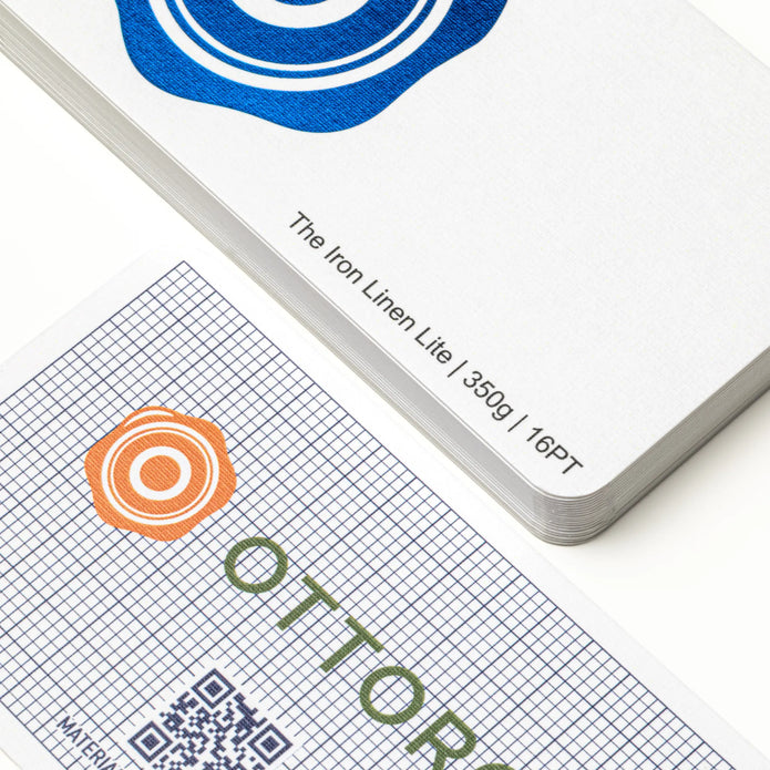 Professional executive desk setting featuring the OTTORON BC25 bespoke The Iron Linen Lite business card.