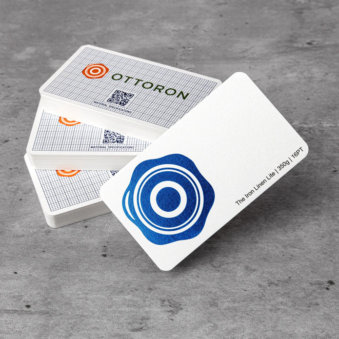 OTTORON BC25 The Iron Linen Lite 350g Luxury Business Card, featuring Foil Stamping, Round Corners, front perspective view.