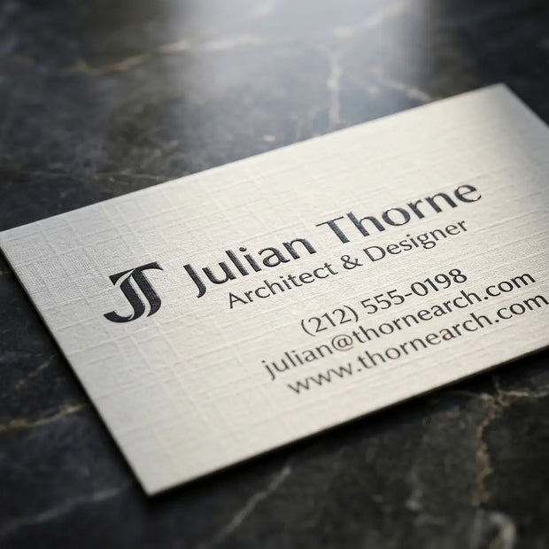 OTTORON BC26 The Iron Linen Lite - Custom 350g White Linen luxury business card featuring industrial precision, Textured Letterpress finish, and premium tactile details.
