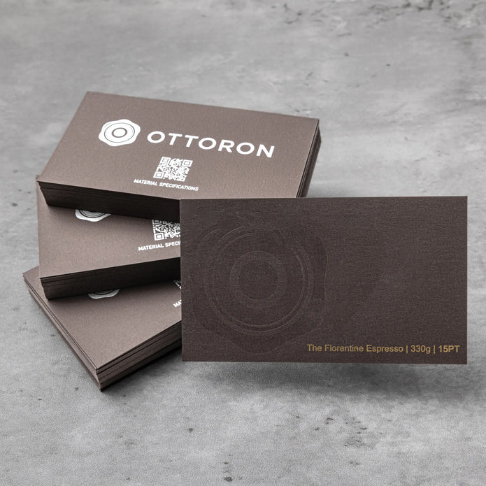 OTTORON BC31 The Florentine Espresso 330g Luxury Business Card, featuring Gold Ink Print, Silver Ink Print, Blind Deboss, front perspective view.