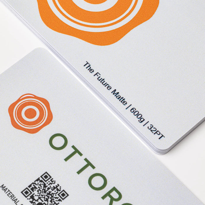 Professional executive desk setting featuring the OTTORON BC32 bespoke The Future Matte business card.