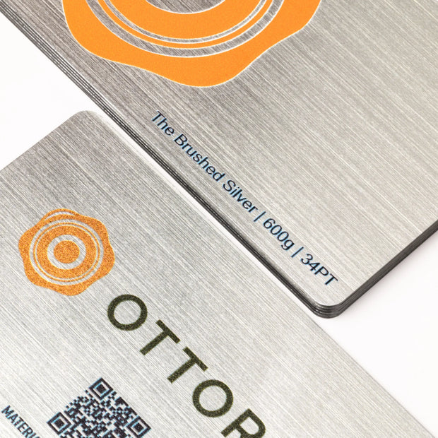 Macro photography of 3D Raised UV applied on OTTORON BC34 The Brushed Silver custom stationery.