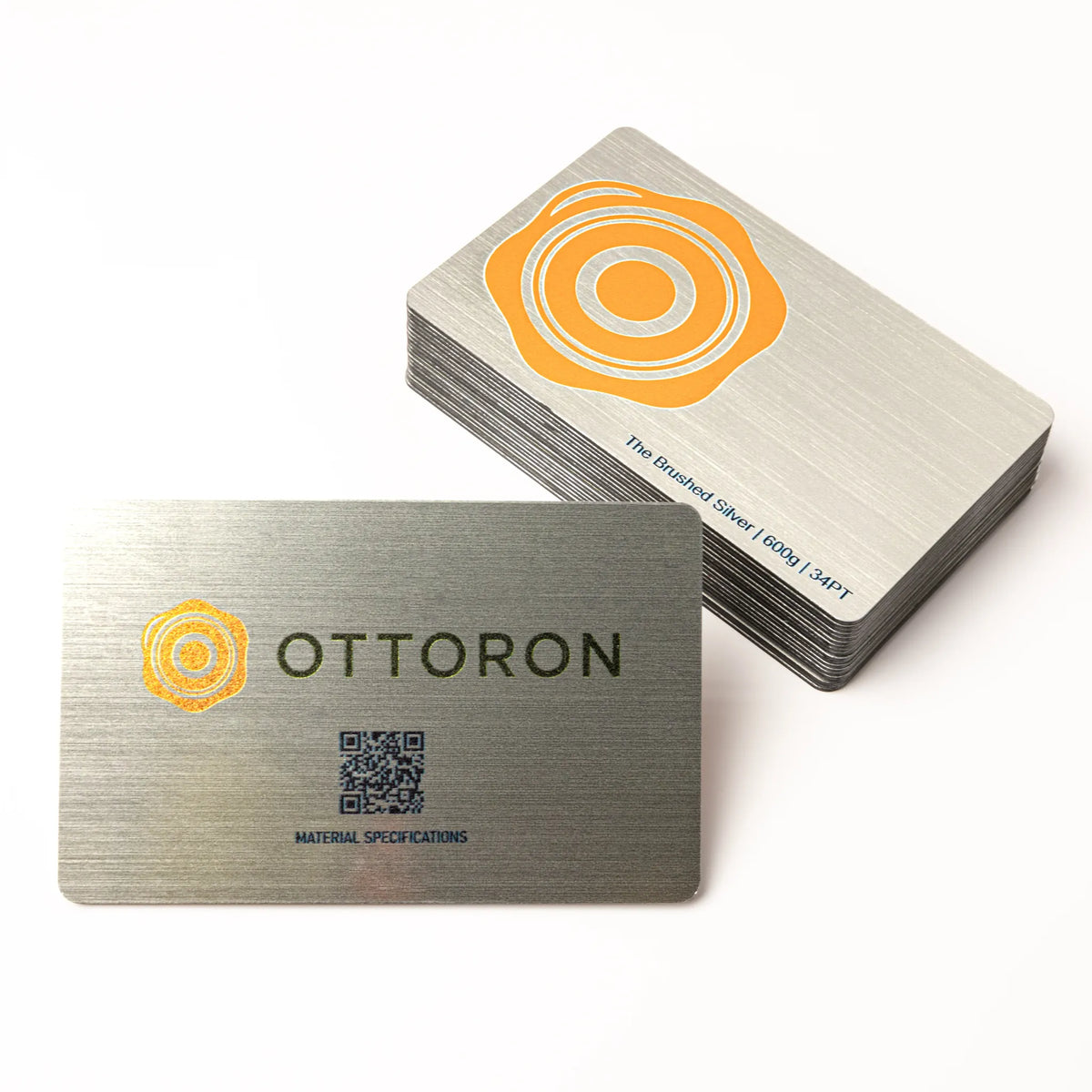 OTTORON BC34 The Brushed Silver 600g Luxury Business Card, featuring 3D Raised UV, front perspective view.