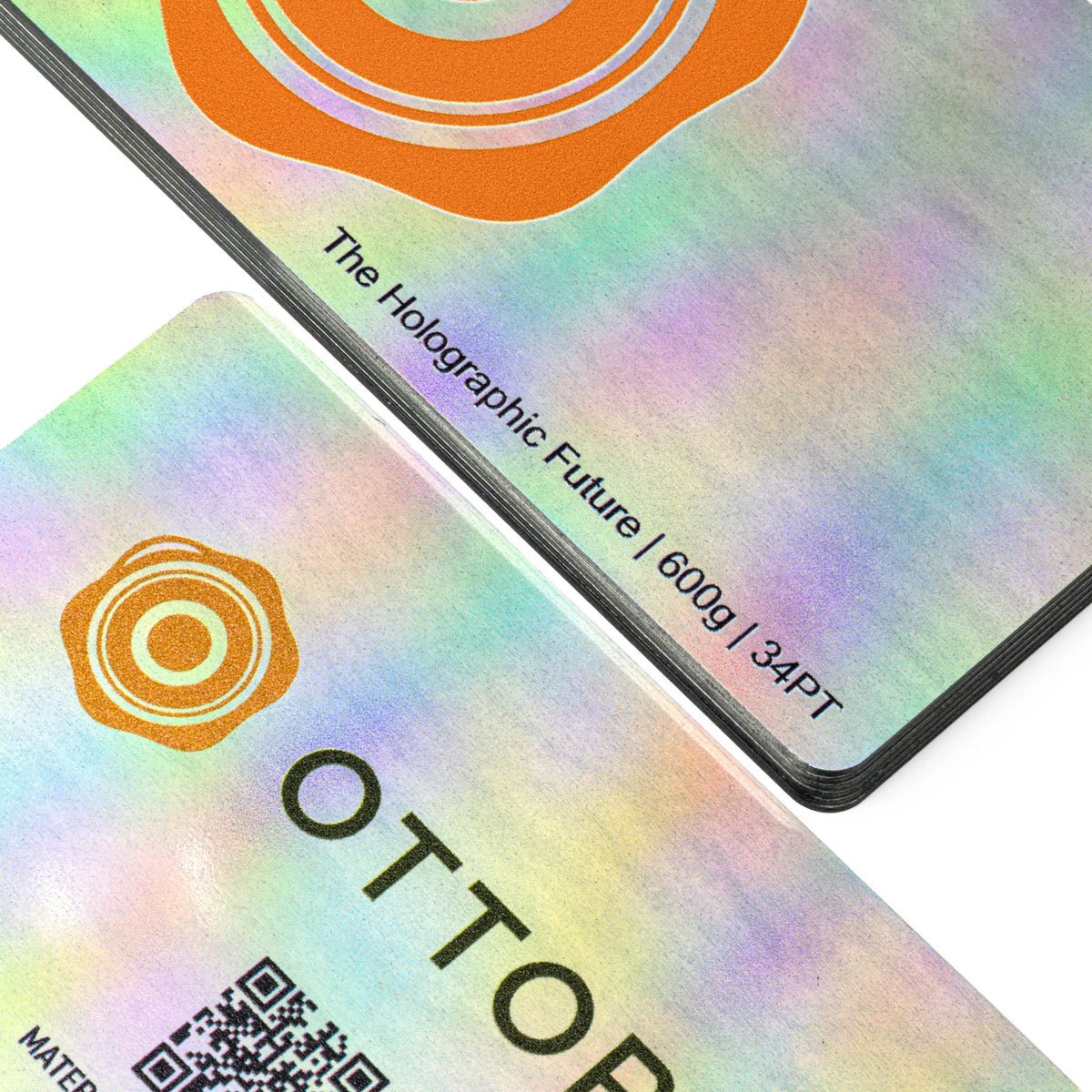Professional executive desk setting featuring the OTTORON BC36 bespoke The Holographic Future business card.