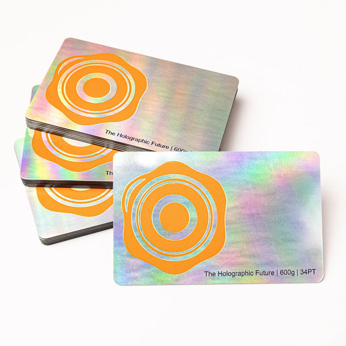 Close-up detail of The Holographic Future texture on OTTORON BC36 bespoke business card highlighting 3D Raised UV.