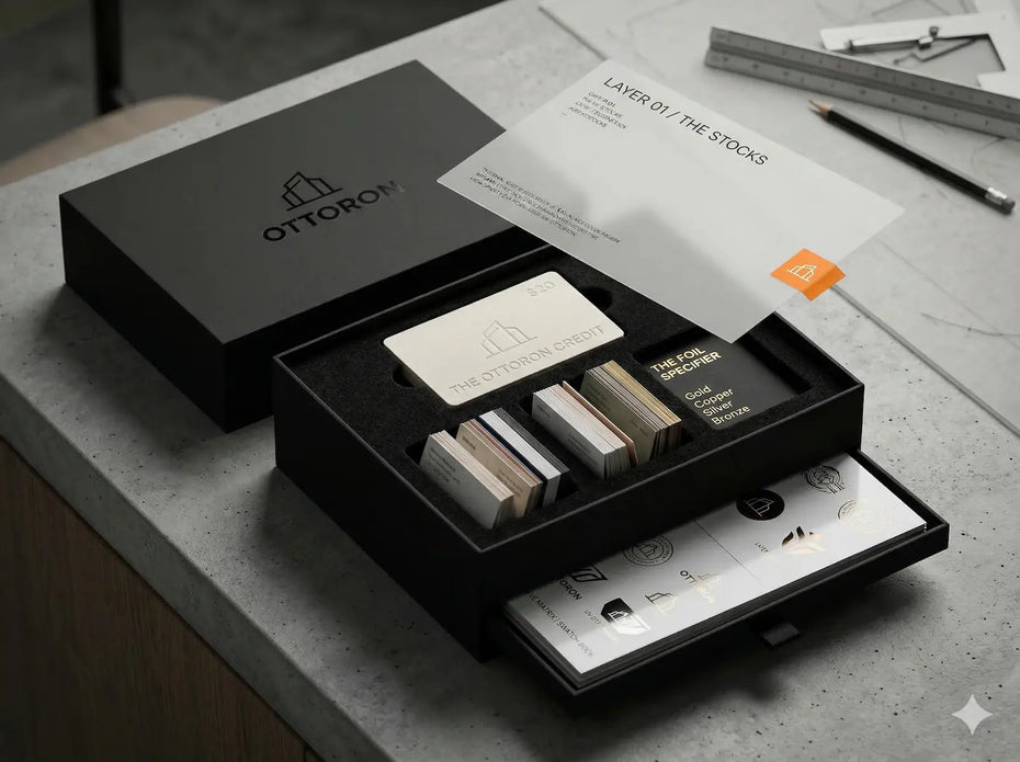 The full unboxing reveal of the OTTORON Midnight Industrial Master Sample Kit, showcasing the open matte black rigid box with double-layer black EVA foam, revealing premium cards, the Foil Specifier, the Adhesive Archive swatch book, and the $20 debossed credit card resting on top.