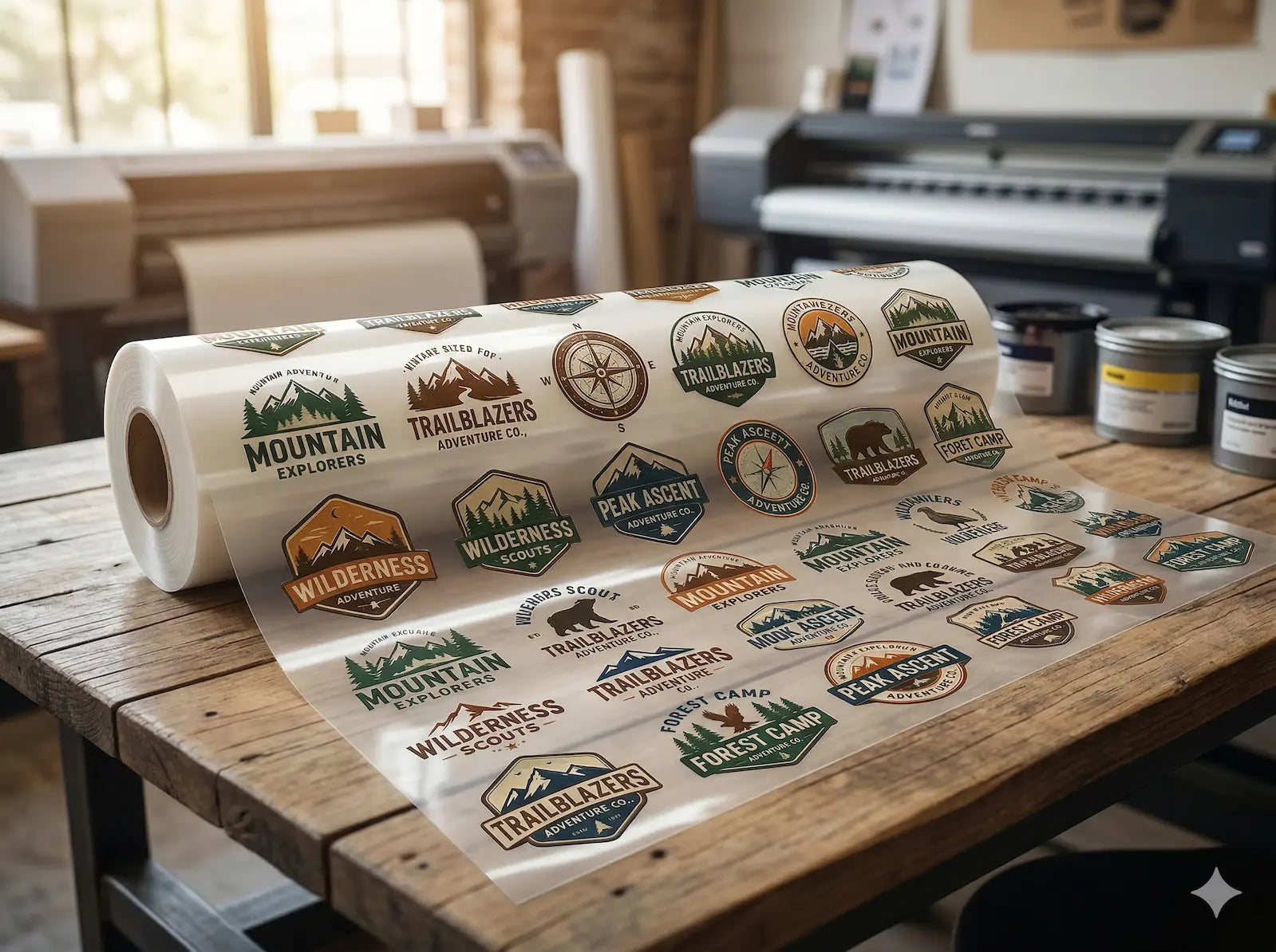 Custom UV DTF gang sheet roll on a wooden table, showing multiple high-quality 3D embossed vintage logos printed on a continuous transparent transfer film.