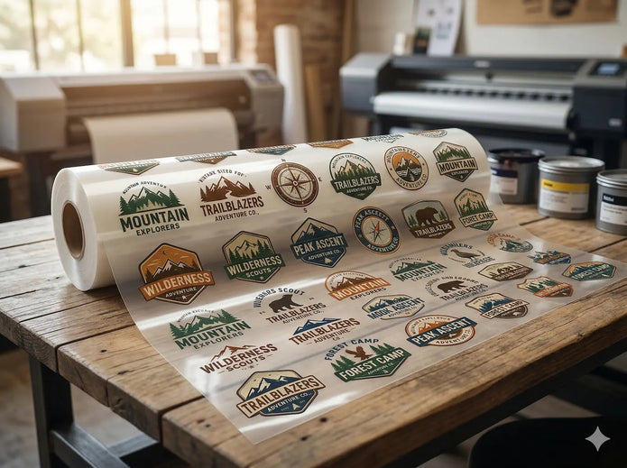 Custom UV DTF gang sheet roll on a wooden table, showing multiple high-quality 3D embossed vintage logos printed on a continuous transparent transfer film.