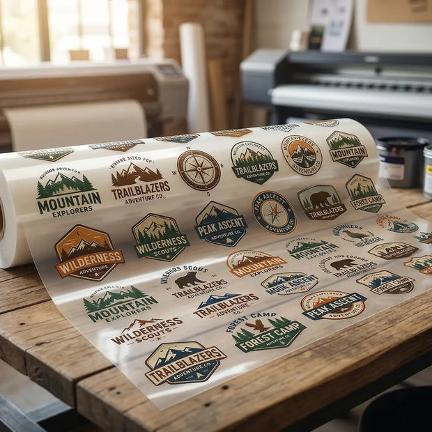 Custom UV DTF gang sheet roll on a wooden table, showing multiple high-quality 3D embossed vintage logos printed on a continuous transparent transfer film.